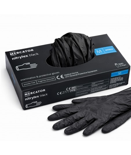 Rękawice nitrylowe czarne MERCATOR Nitrylex Black M - bezpudrowe - 100 szt. - rękawiczki jednorazowe ochronne
